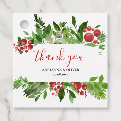 Holly Red Berry Christmas Wedding Thank You Favor Tags