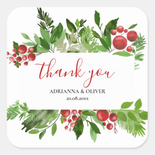Holly Red Berry Christmas Wedding Thank You Square Sticker
