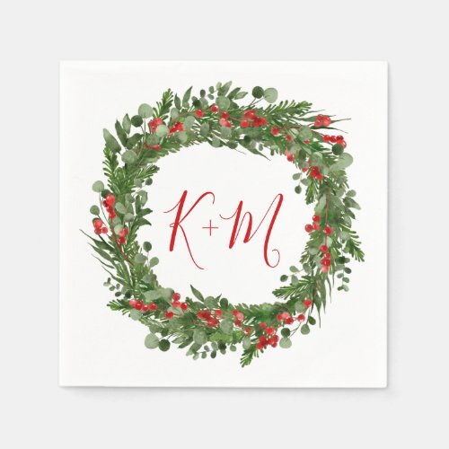 Holly Red Berry Christmas Wreath Wedding Monogram Napkins