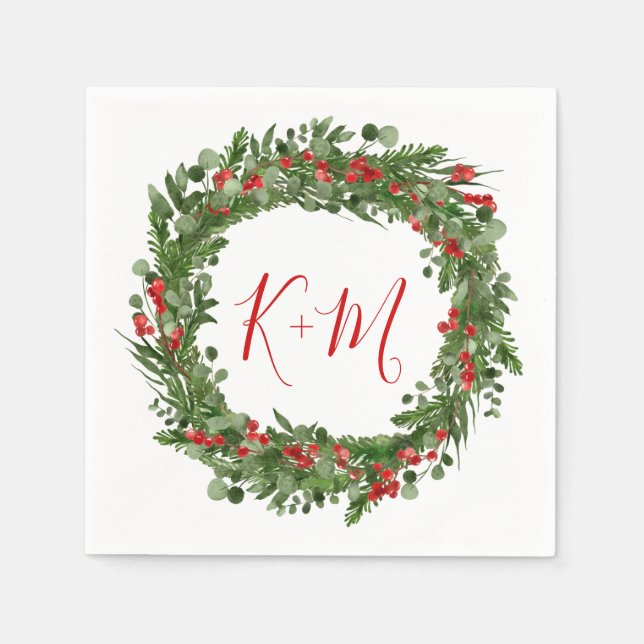 Holly Red Berry Christmas Wreath Wedding Monogram Napkins (Front)