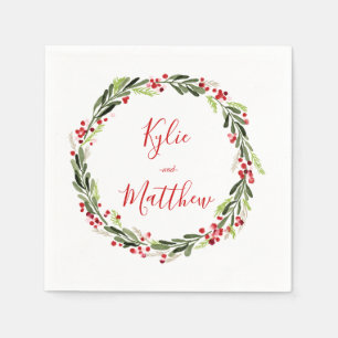 Holly Red Berry Christmas Wreath Wedding Monogram Napkins