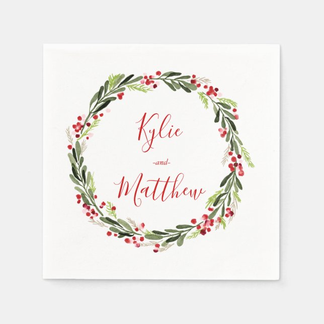 Holly Red Berry Christmas Wreath Wedding Monogram Napkins (Front)