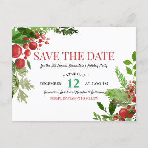 Holly Red Berry Holiday Party Save The Date Announcement Postcard
