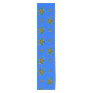 Holly Red Berry Pattern on Festive Blue Short Table Runner