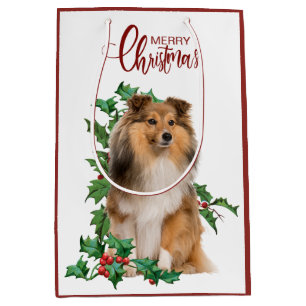 Holly Red Berry Shetland Sheepdog Christmas Medium Gift Bag