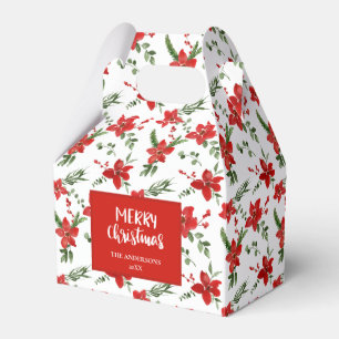 Holly Red Floral Holiday Watercolor Christmas Favor Boxes