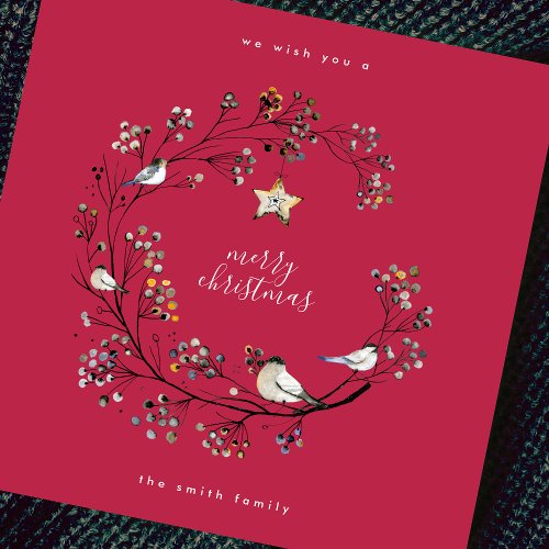 Holly Red Minimal Square Flat Merry Christmas Star Holiday Card
