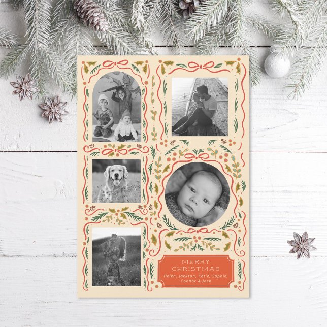 Holly Red Ribbon Christmas Photo Collage  Holiday Card (Creator Uploaded)