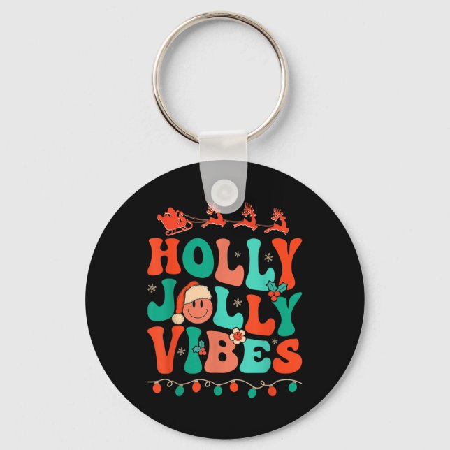 Holly Retro Groovy Christmas Jolly Vibes Santa Hip Keychain (Front)