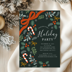 Holly Ribbon Bow Holiday Party Invitation