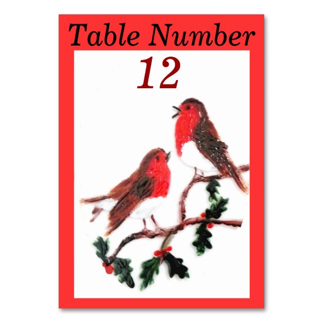 Holly Robin Festive Art Table Number (Front)