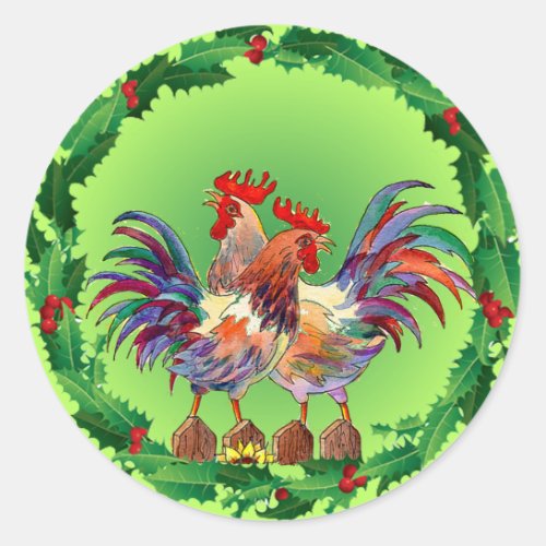 HOLLY ROOSTERS by SHARON SHARPE Classic Round Sticker