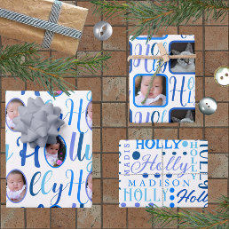 HOLLY Script Blue On White 4 Photo Christmas Wrapping Paper Sheets
