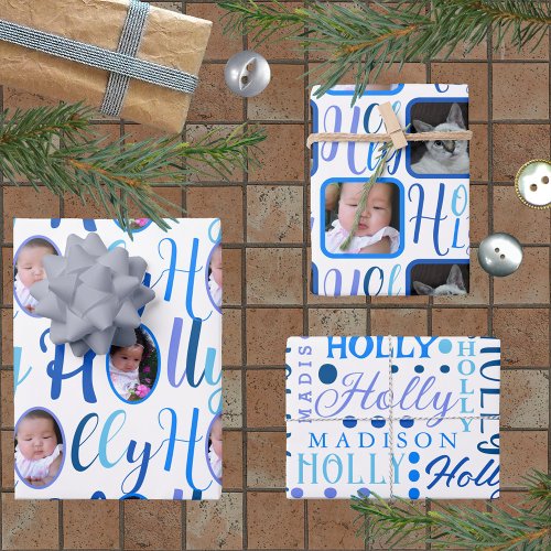 HOLLY Script Blue On White 4 Photo Christmas Wrapping Paper Sheets
