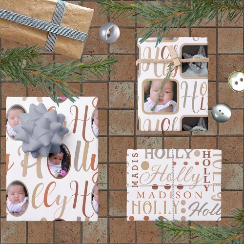 HOLLY Script Brown Tan On White 4 Photo Christmas Wrapping Paper Sheets