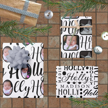Holly Script Chic Black On White 4 Photo Christmas Wrapping Paper Sheets by ArtfulDesignsByVikki at Zazzle
