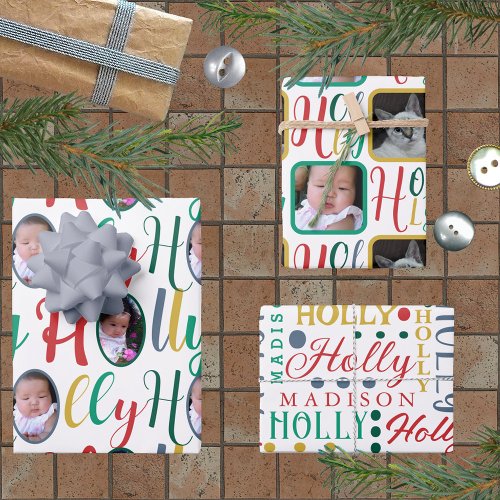 HOLLY Script Colorful On White 4 Photo Christmas Wrapping Paper Sheets