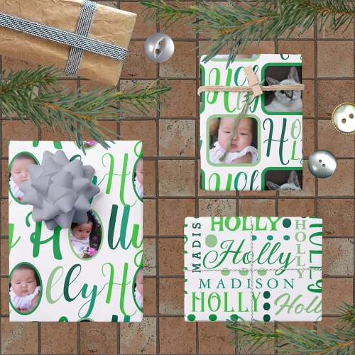 HOLLY Script Green On White 4 Photo Christmas Wrapping Paper Sheets