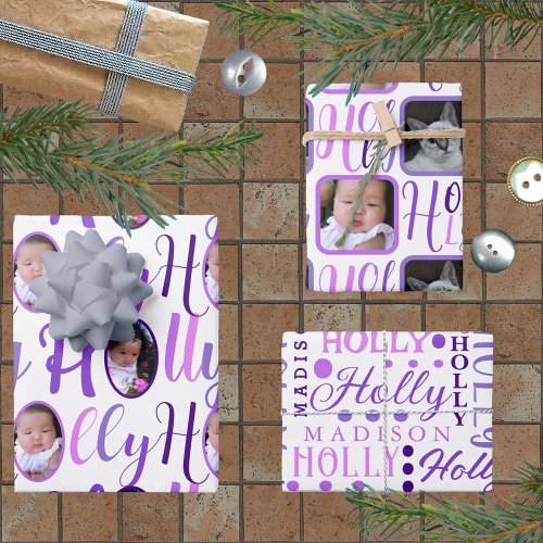 HOLLY Script Purple On White 4 Photo Christmas Wrapping Paper Sheets