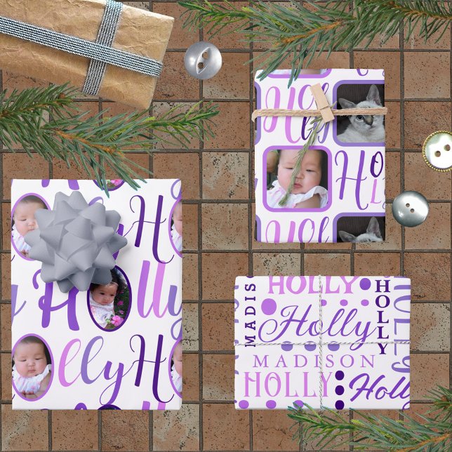 HOLLY Script Purple On White 4 Photo Christmas Wrapping Paper Sheets (Creator Uploaded)