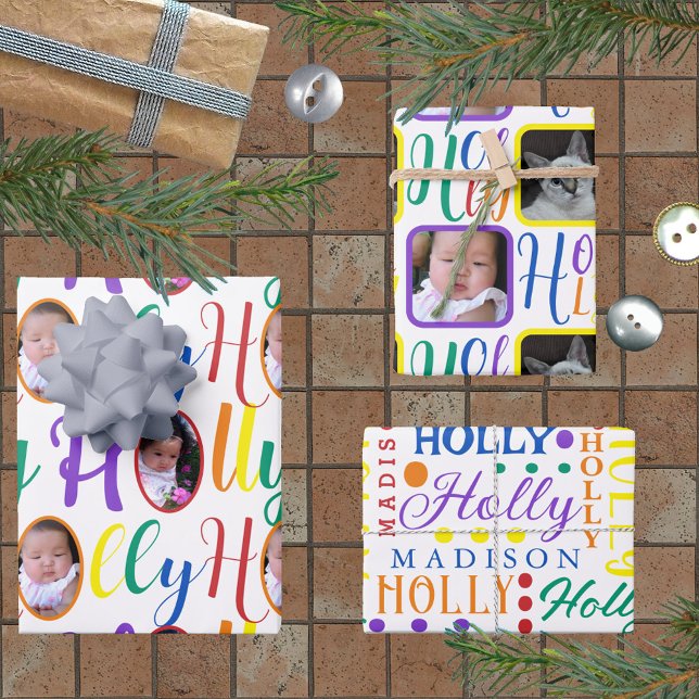 HOLLY Script Rainbow On White 4 Photo Christmas Wr Wrapping Paper Sheets (Creator Uploaded)