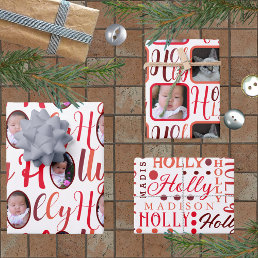 HOLLY Script Red On White 4 Photo Christmas Wrapping Paper Sheets