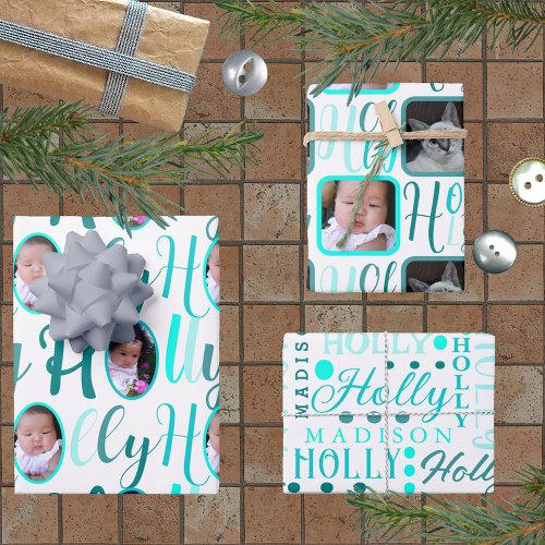 HOLLY Script Turquoise On White 4 Photo Christmas Wrapping Paper Sheets