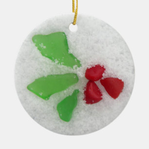 "Holly" Sea Glass on Snow Christmas Ornament