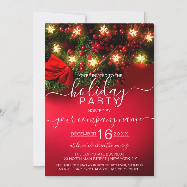 Holly Snowflake Hanging Lights Corporate Holiday Invitation (Front)