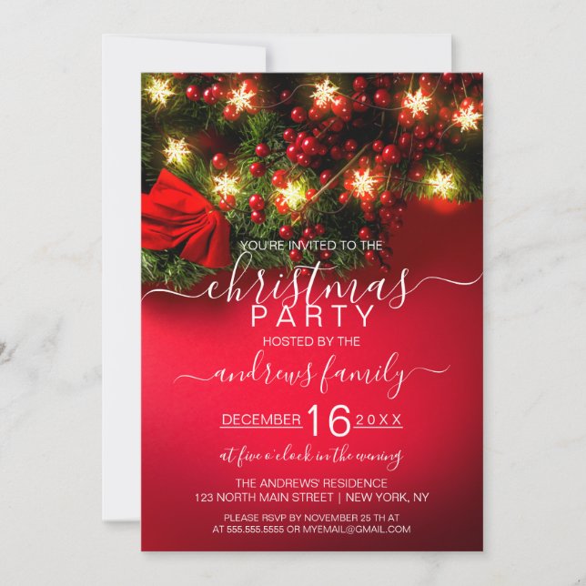 Holly Snowflake Hanging Lights Garland Christmas Invitation (Front)
