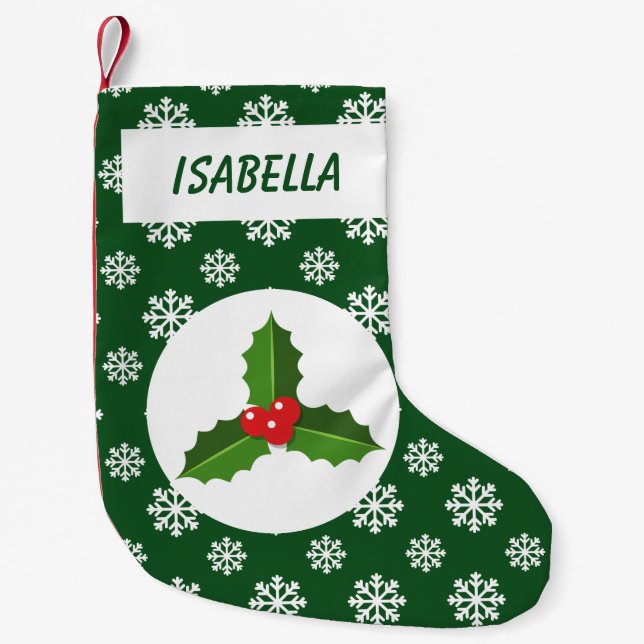 Holly Snowflakes Personalized Green Small Christmas Stocking (Front)