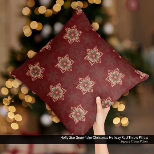 Holly Star Snowflake Christmas Holiday Red Throw Pillow