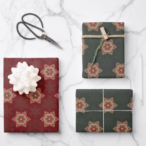 Holly Star Wrapping Paper 1 Red and 2 Green Pieces