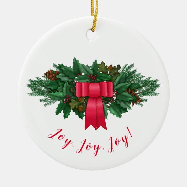 Holly Swag | Red Bow Christmas Ceramic Ornament (Front)