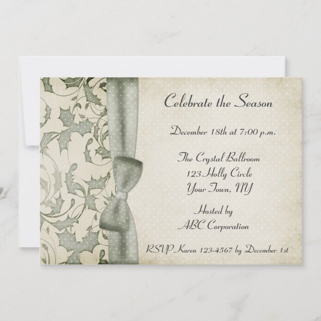 Holly Swirls Bow Sage Green Invitation (Front)
