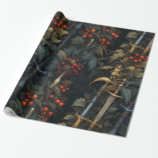 Holly & Swords Festive Wrapping Paper (Unrolled)