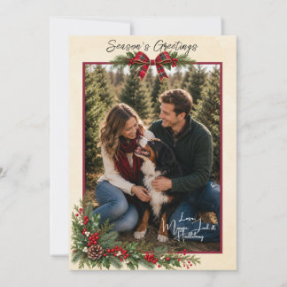 Holly Tartan Bow One Photo Christmas Card