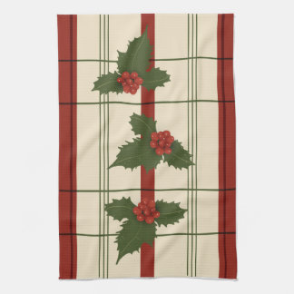 Holly tea towel in reds and greens