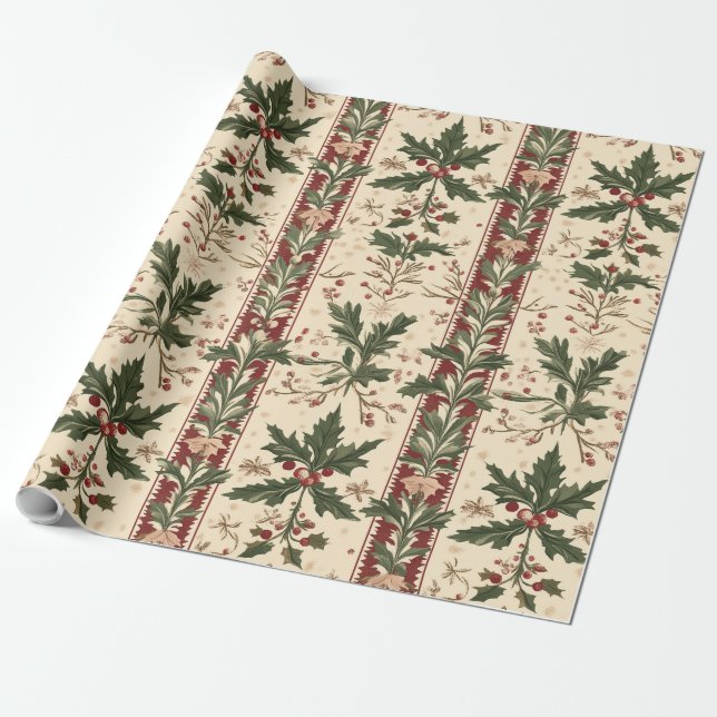 Holly themed Victorian Wrapping Paper (Unrolled)