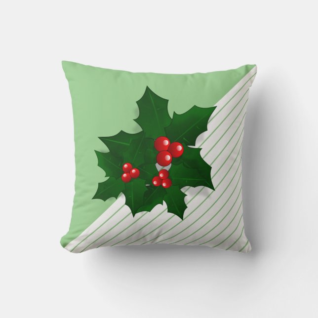 Holly Tree Berries Christmas Holiday Stripe Throw Pillow (Front)