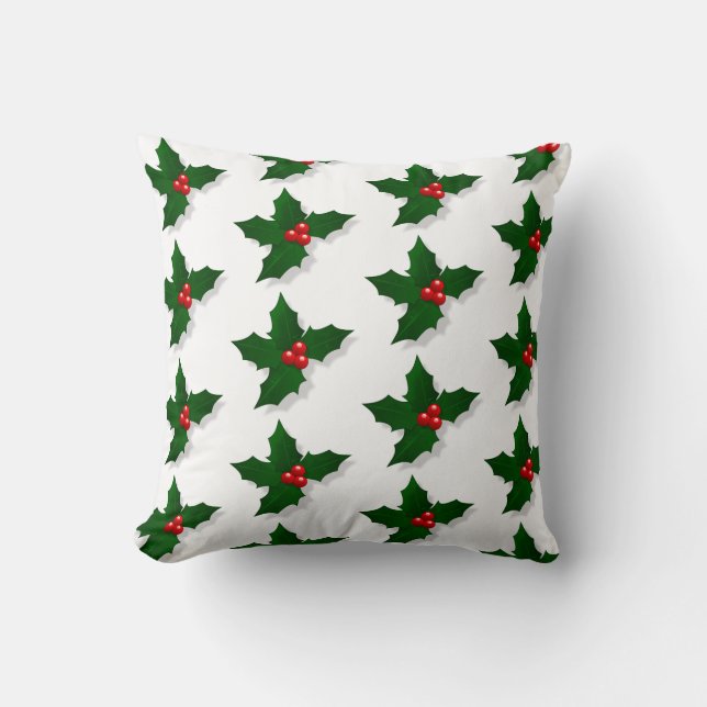 Holly Tree Berries Pattern Christmas Holiday Throw Pillow (Front)