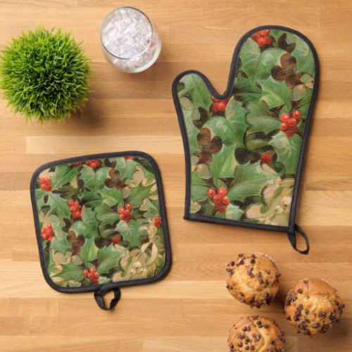 Holly Tree Christmas Holiday Art Print Greenery Oven Mitt  Pot Holder Set