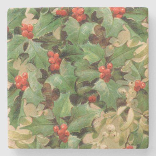 Holly Tree Christmas Holiday Art Print Greenery Stone Coaster