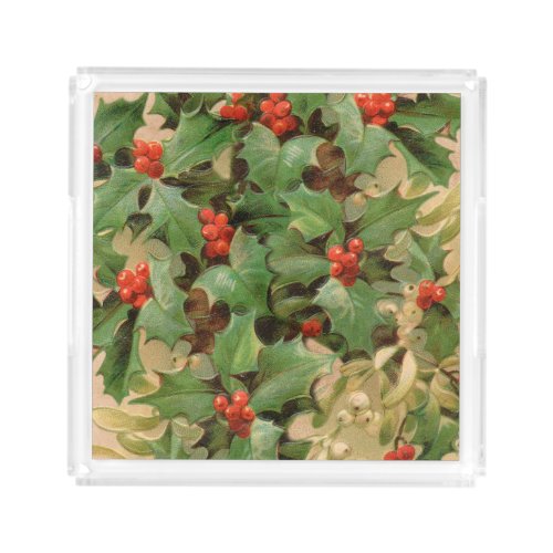 Holly Tree Christmas Holiday Vintage Acrylic Tray