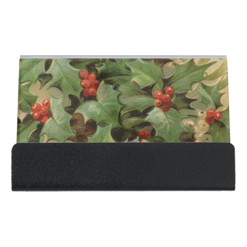 Holly Tree Christmas Holiday Vintage Desk Business Card Holder