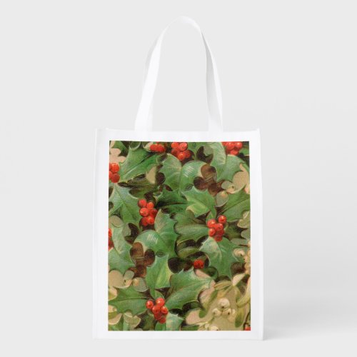 Holly Tree Christmas Holiday Vintage Grocery Bag