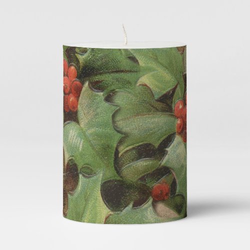 Holly Tree Christmas Holiday Vintage Pillar Candle