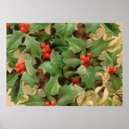 Holly Tree Christmas Holiday Vintage Poster