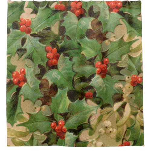 Holly Tree Christmas Holiday Vintage Shower Curtain