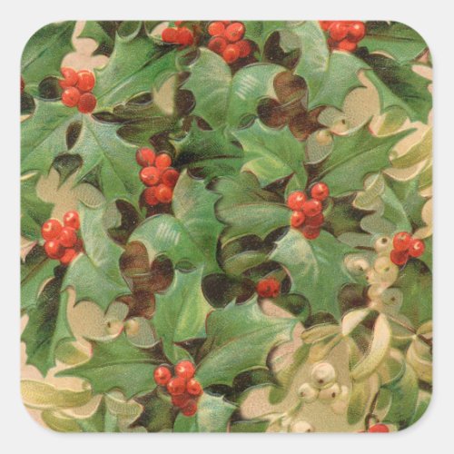 Holly Tree Christmas Holiday Vintage Square Sticker